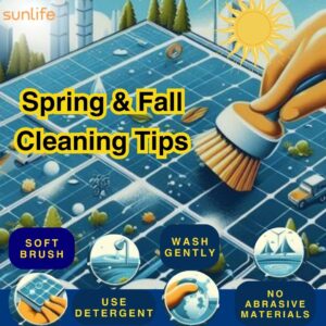 Illustration of a person cleaning solar panels with a brush, accompanied by tips for spring and fall cleaning.